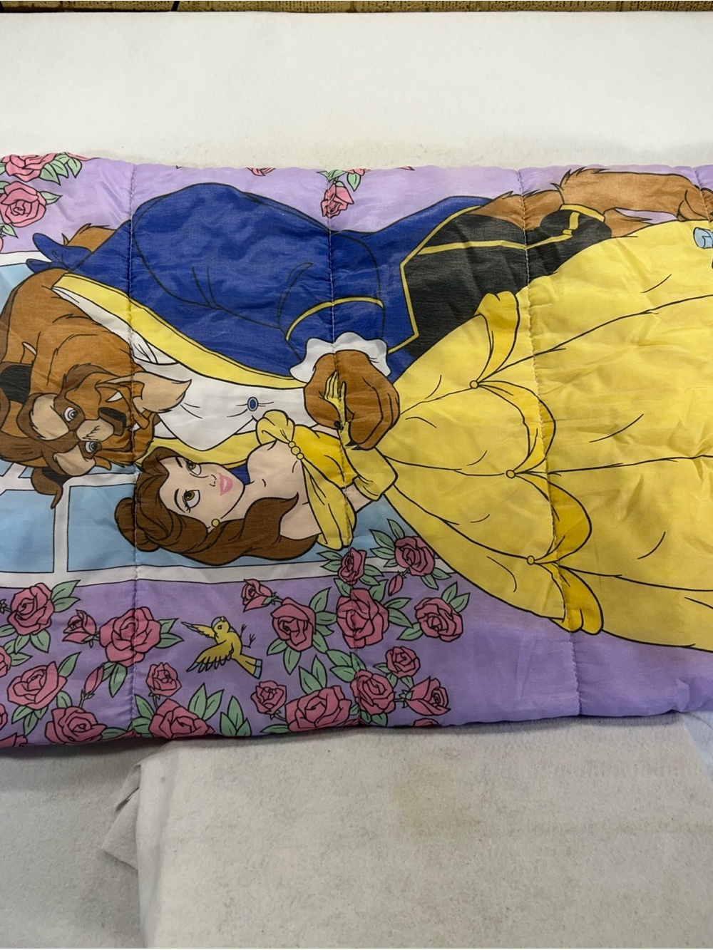 Vintage 90s Disney Beauty and the Beast Belle Sleeping Bag Purple Roses